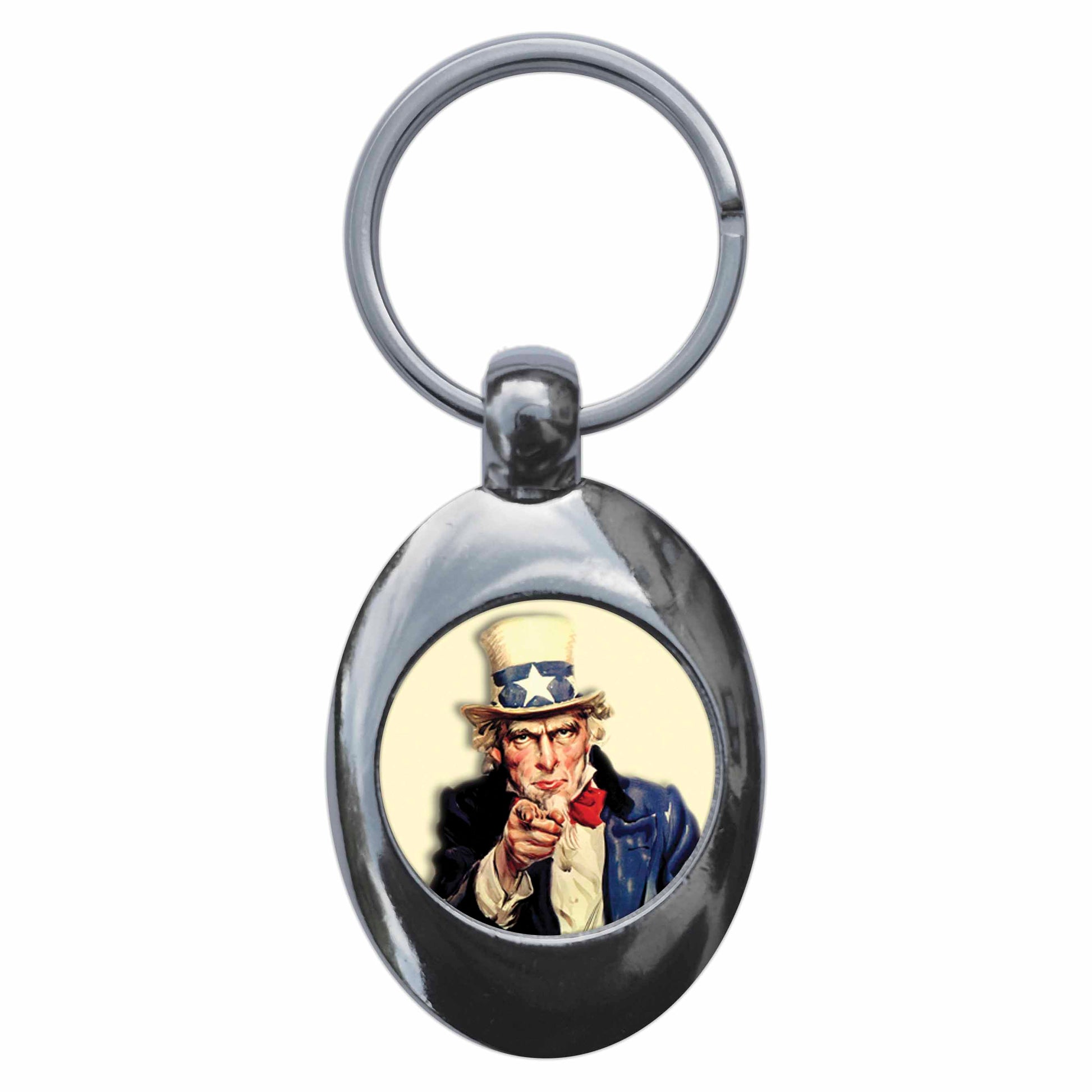 A picture of the front of the product, titled Uncle Sam WW2 Us Army Recruitment Metal Keyring With Trolley Coin