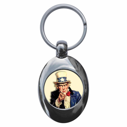A picture of the front of the product, titled Uncle Sam WW2 Us Army Recruitment Metal Keyring With Trolley Coin
