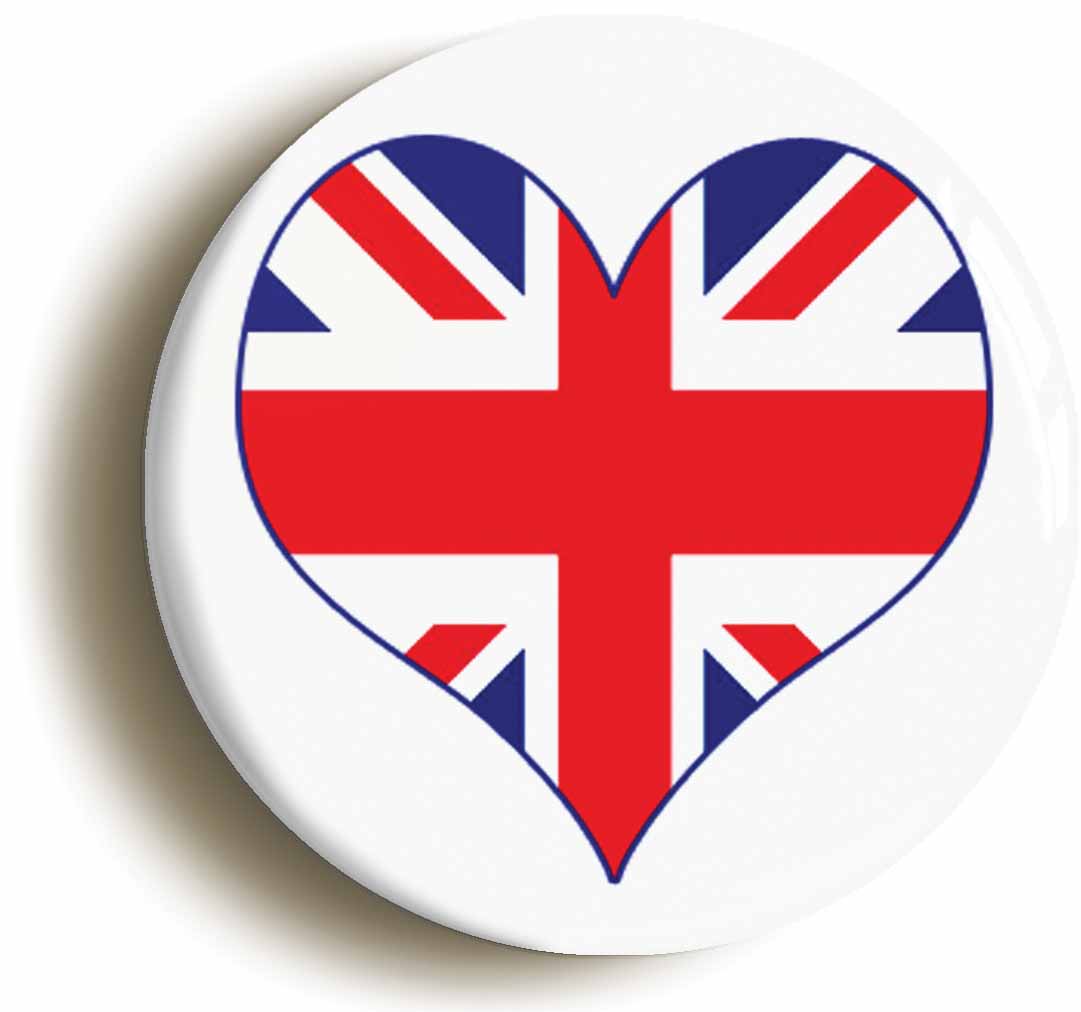 A picture of the front of the product, titled Union Jack Heart Circular 50mm Fridge Magnet