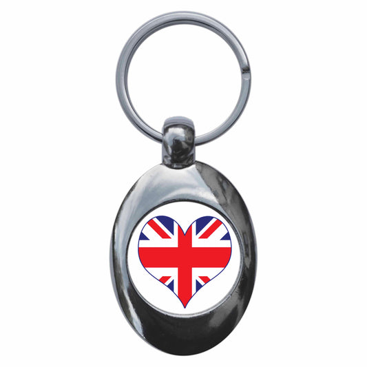 A picture of the front of the product, titled Union Jack Heart Metal Keyring With Trolley Coin