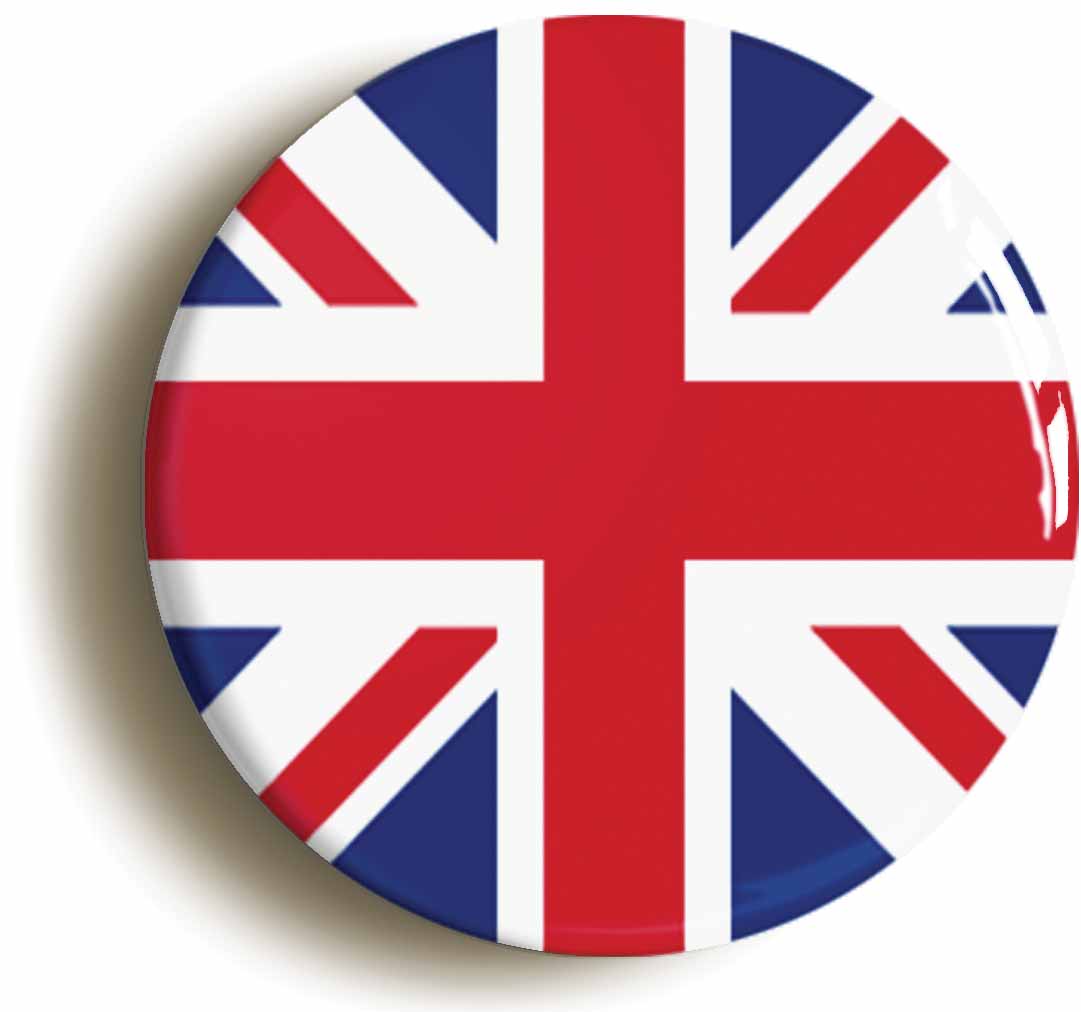 A picture of the front of the product, titled Union Jack Great Britain British Flag Circular 50mm Fridge Magnet