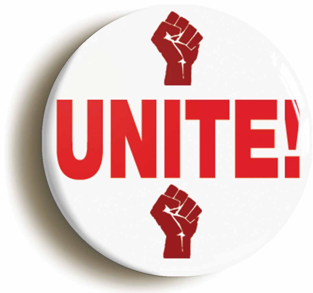 A picture of the front of the product, titled Unite Communism Socialism Left Wing Button Pin Badge