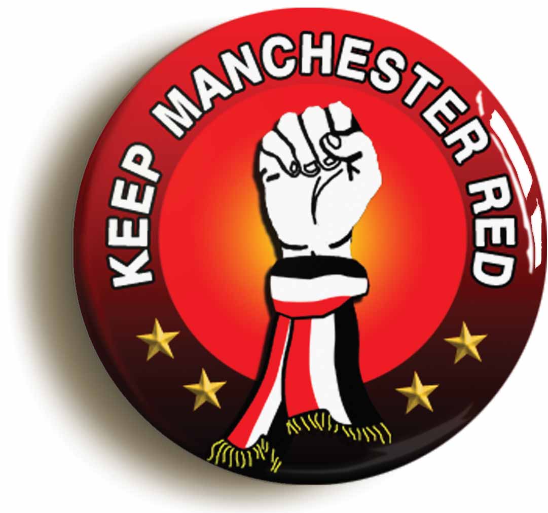 A picture of the front of the product, titled Keep Manchester Red Northern Soul Button Pin Badge