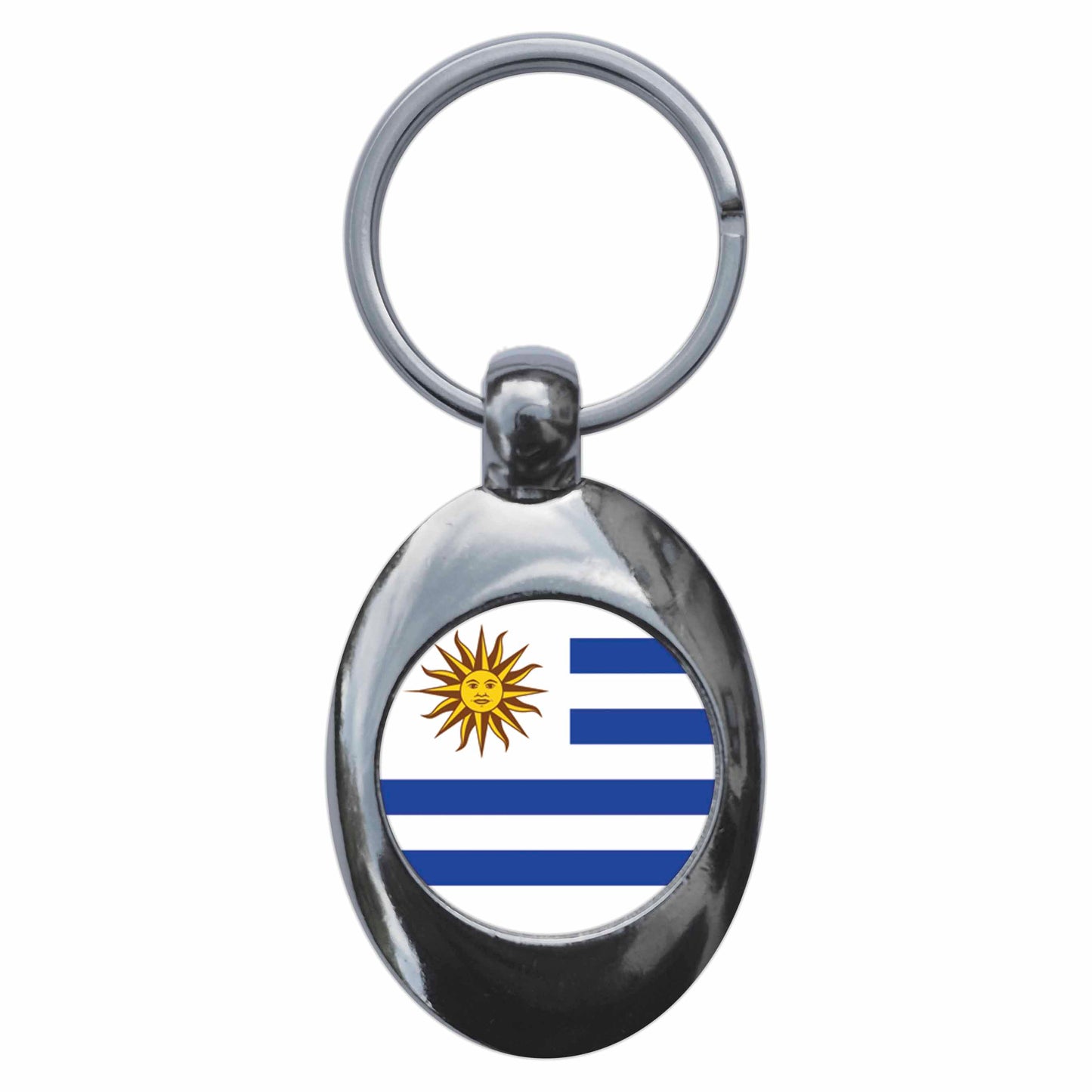 A picture of the front of the product, titled Uruguay Uruguayan National Flag Metal Keyring With Trolley Coin
