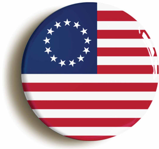 A picture of the front of the product, titled United States Betsy Ross Flag Button Pin Badge