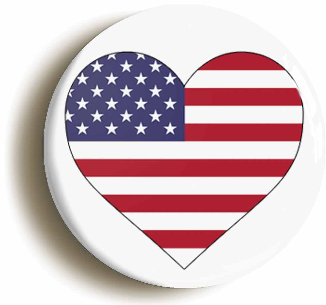 A picture of the front of the product, titled United States Of America Flag Heart Button Pin Badge