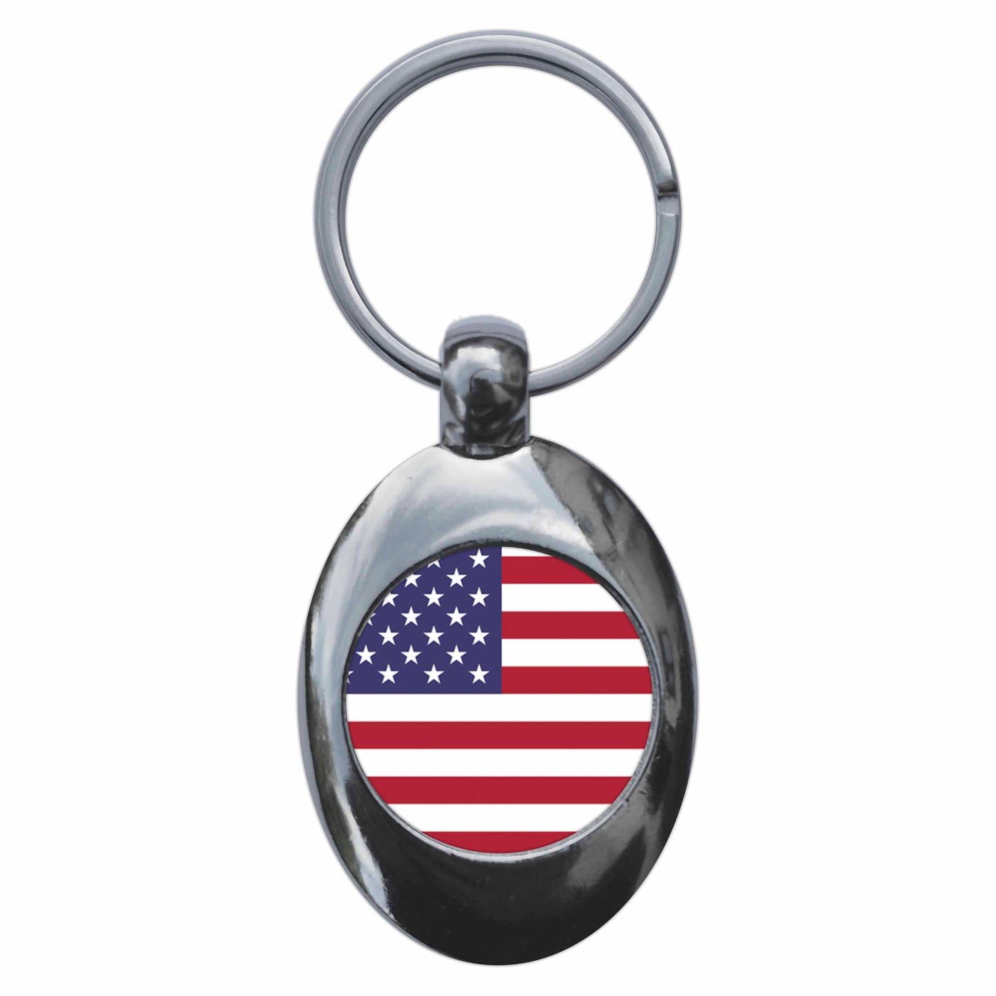 A picture of the front of the product, titled United States Of America USA National Flag Metal Keyring With Trolley Coin
