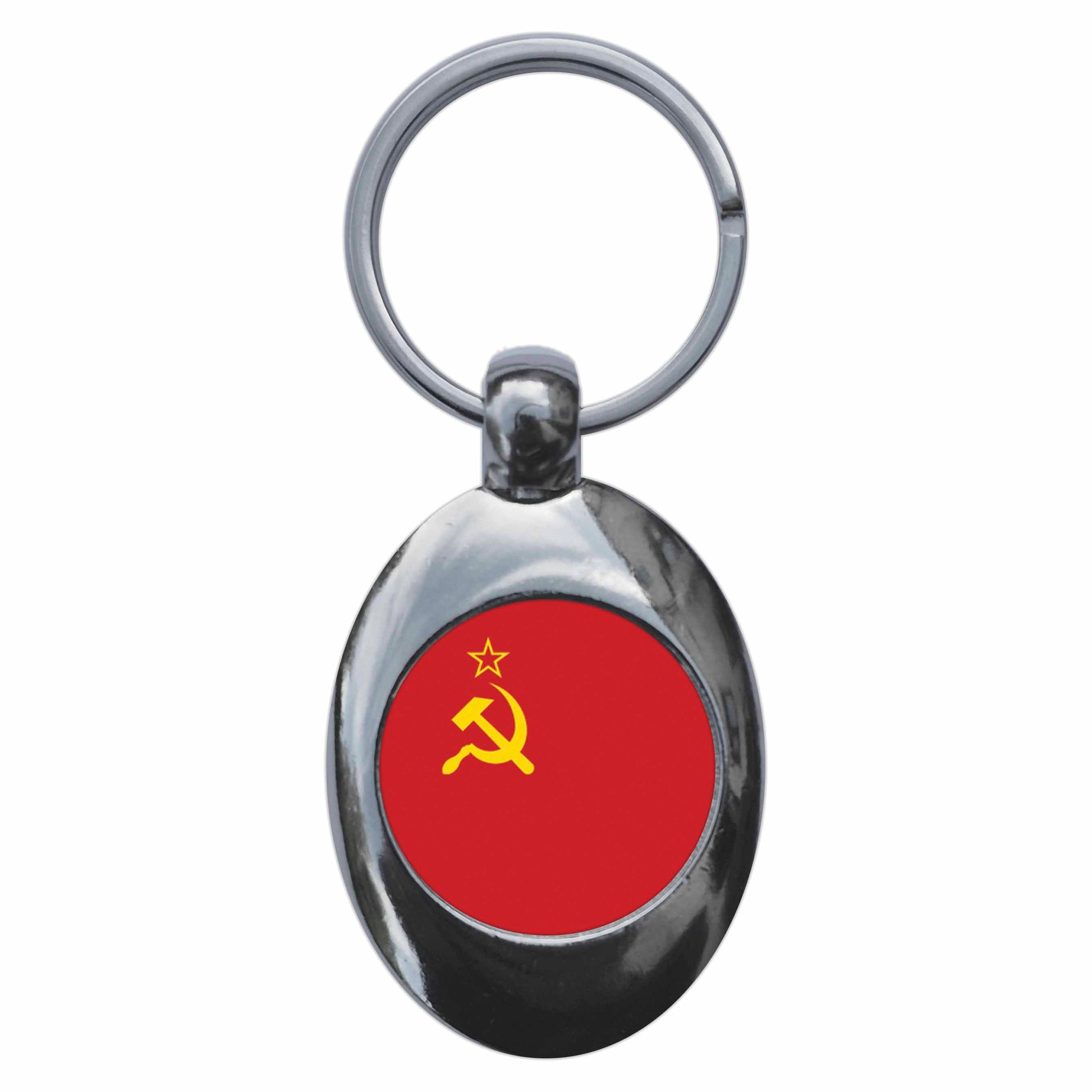 A picture of the front of the product, titled Soviet Union USSR National Flag Metal Keyring With Trolley Coin