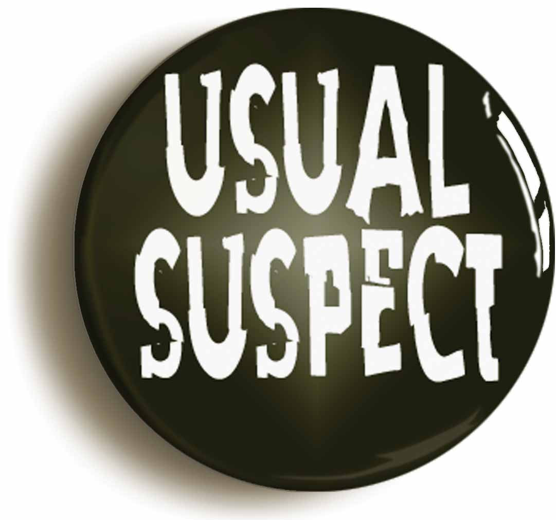 A picture of the front of the product, titled Usual Suspect Punk Emo Button Pin Badge