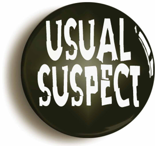 A picture of the front of the product, titled Usual Suspect Punk Emo Button Pin Badge
