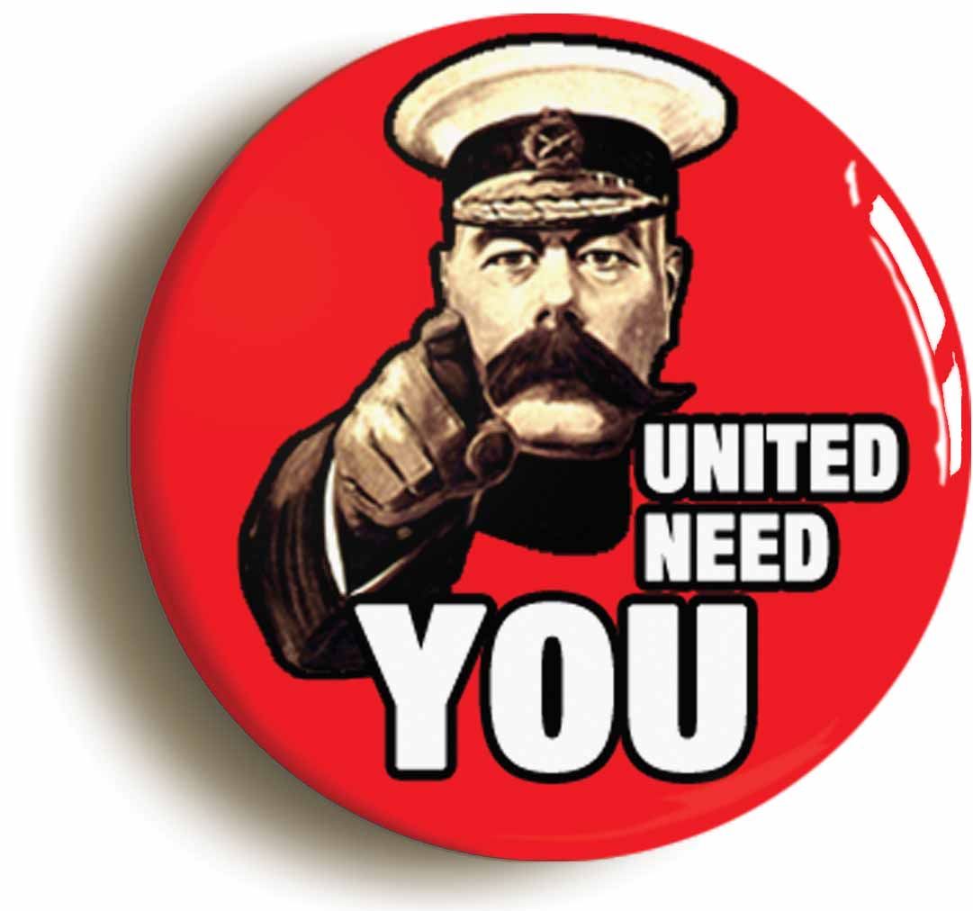A picture of the front of the product, titled United Need You Button Pin Badge