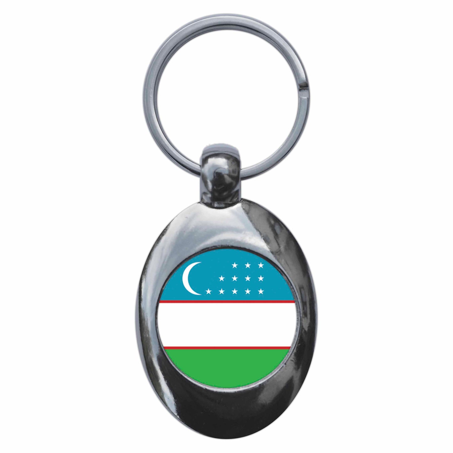 A picture of the front of the product, titled Uzbekistan Uzbek National Flag Metal Keyring With Trolley Coin