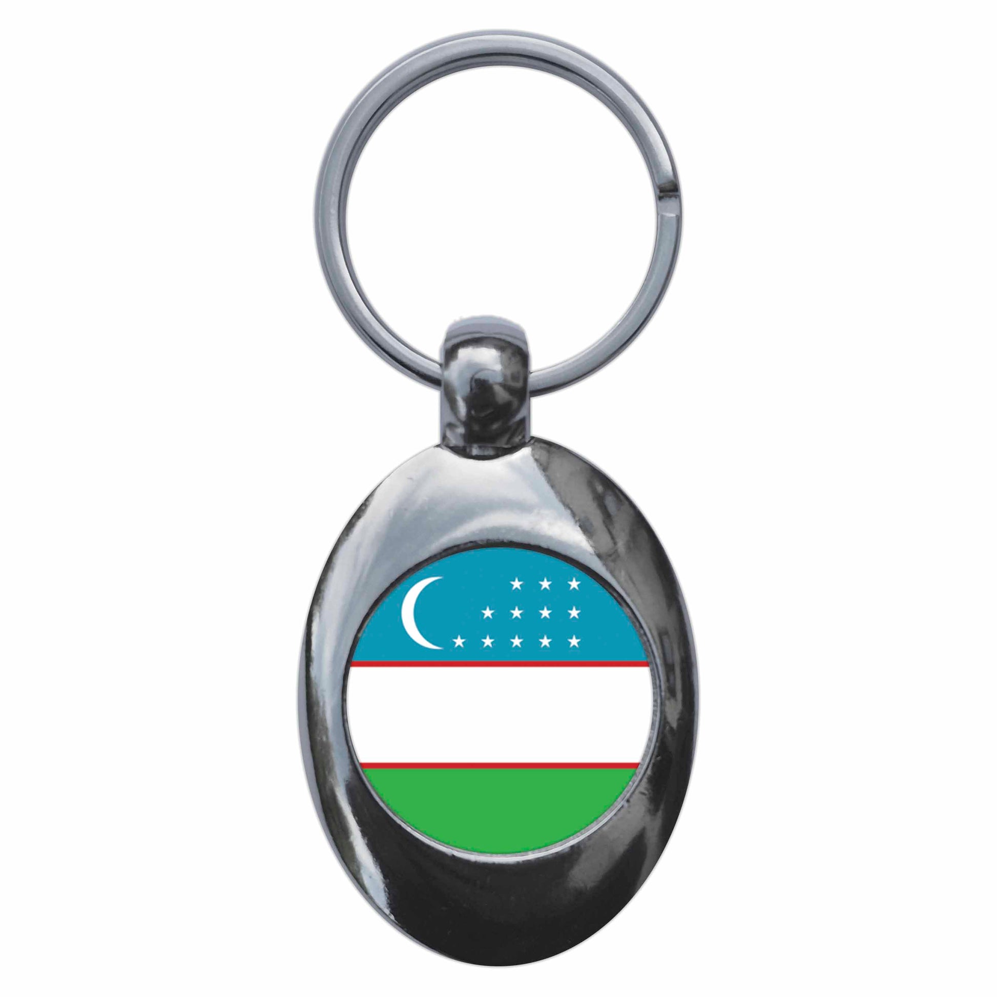 A picture of the front of the product, titled Uzbekistan Uzbek National Flag Metal Keyring With Trolley Coin