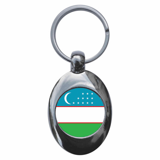 A picture of the front of the product, titled Uzbekistan Uzbek National Flag Metal Keyring With Trolley Coin
