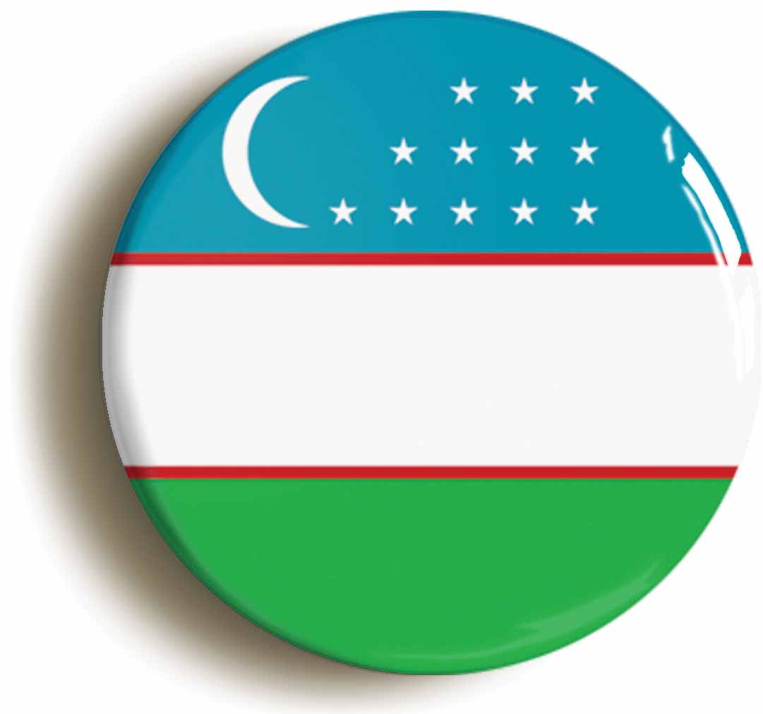 A picture of the front of the product, titled Uzbekistan Uzbek National Flag Circular 50mm Fridge Magnet