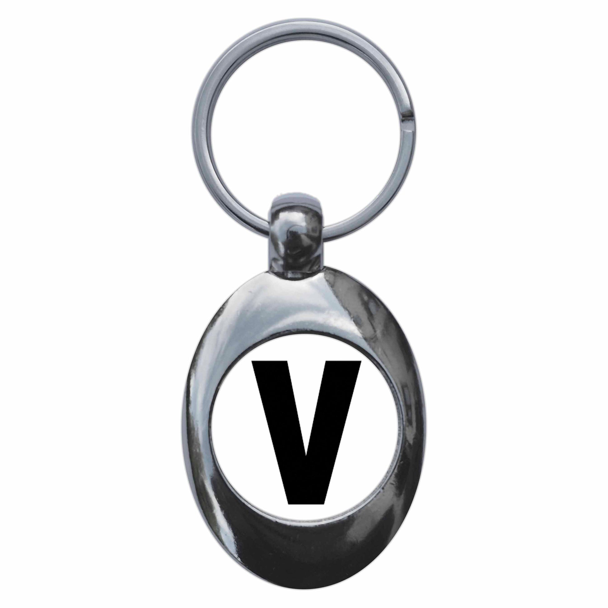 A picture of the front of the product, titled Letter V Metal Keyring With Trolley Coin