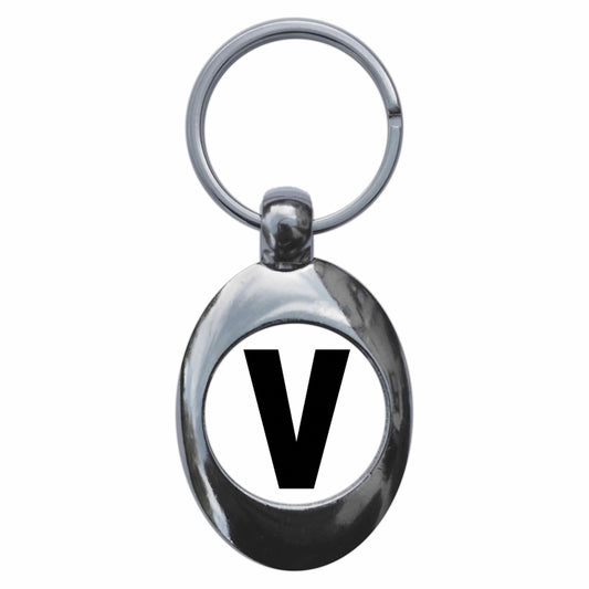 A picture of the front of the product, titled Letter V Metal Keyring With Trolley Coin