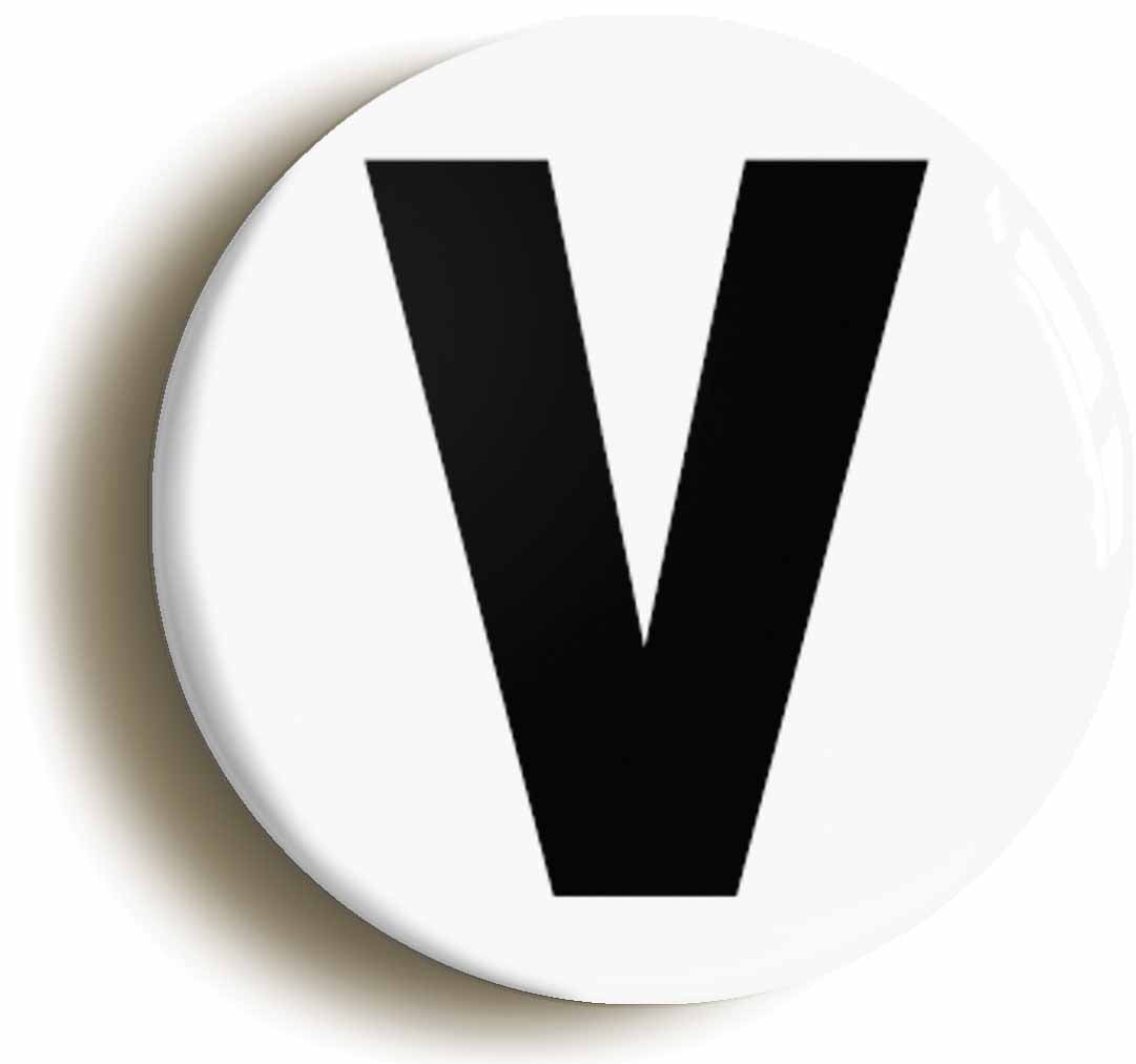A picture of the front of the product, titled Letter V Circular 50mm Fridge Magnet
