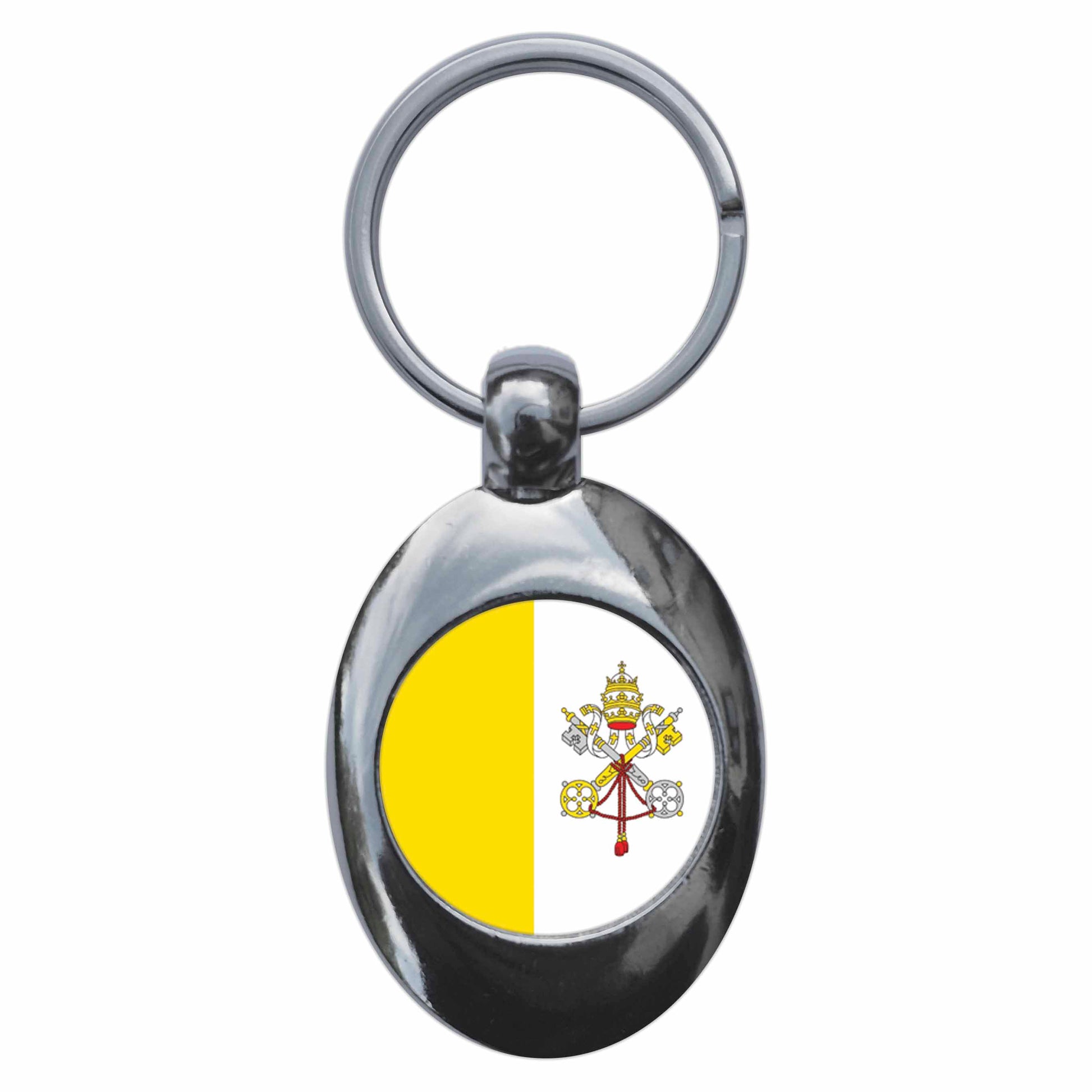 A picture of the front of the product, titled Holy See Vatican National Flag Metal Keyring With Trolley Coin