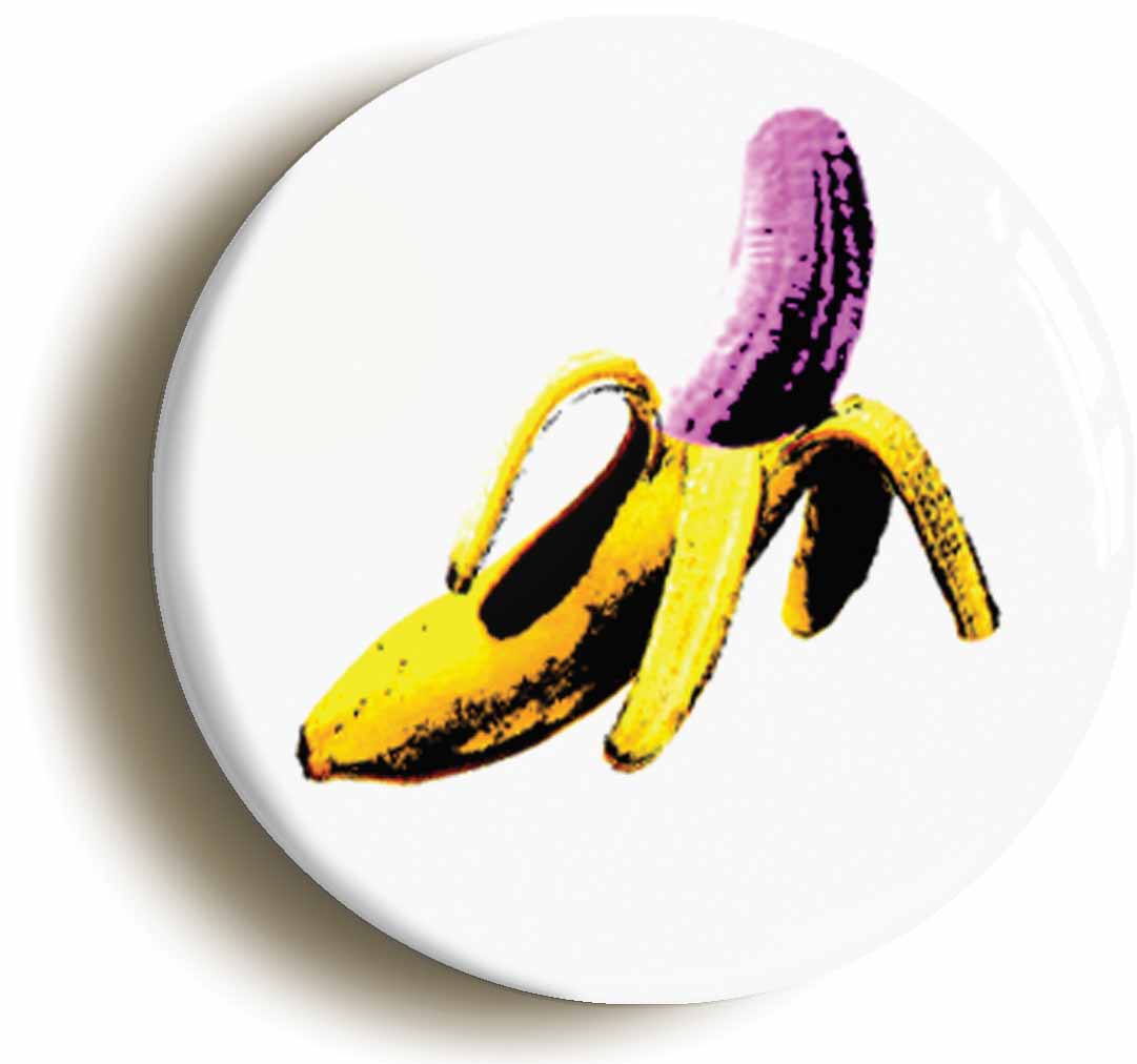 A picture of the front of the product, titled Pink Banana Sixties Pop Art Button Pin Badge
