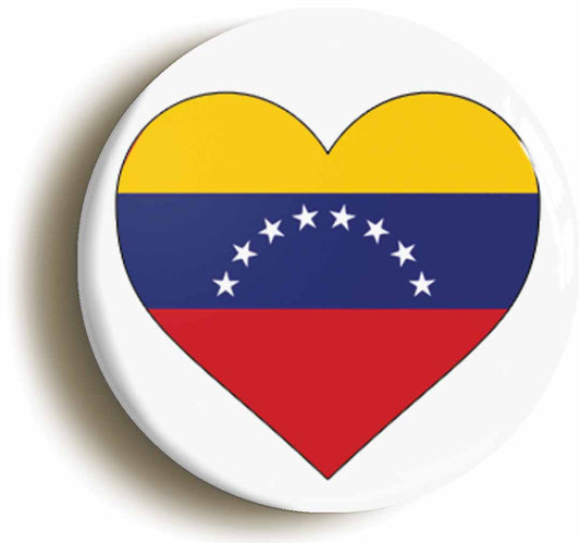 A picture of the front of the product, titled Venesuela Venesuelan Flag Heart Button Pin Badge