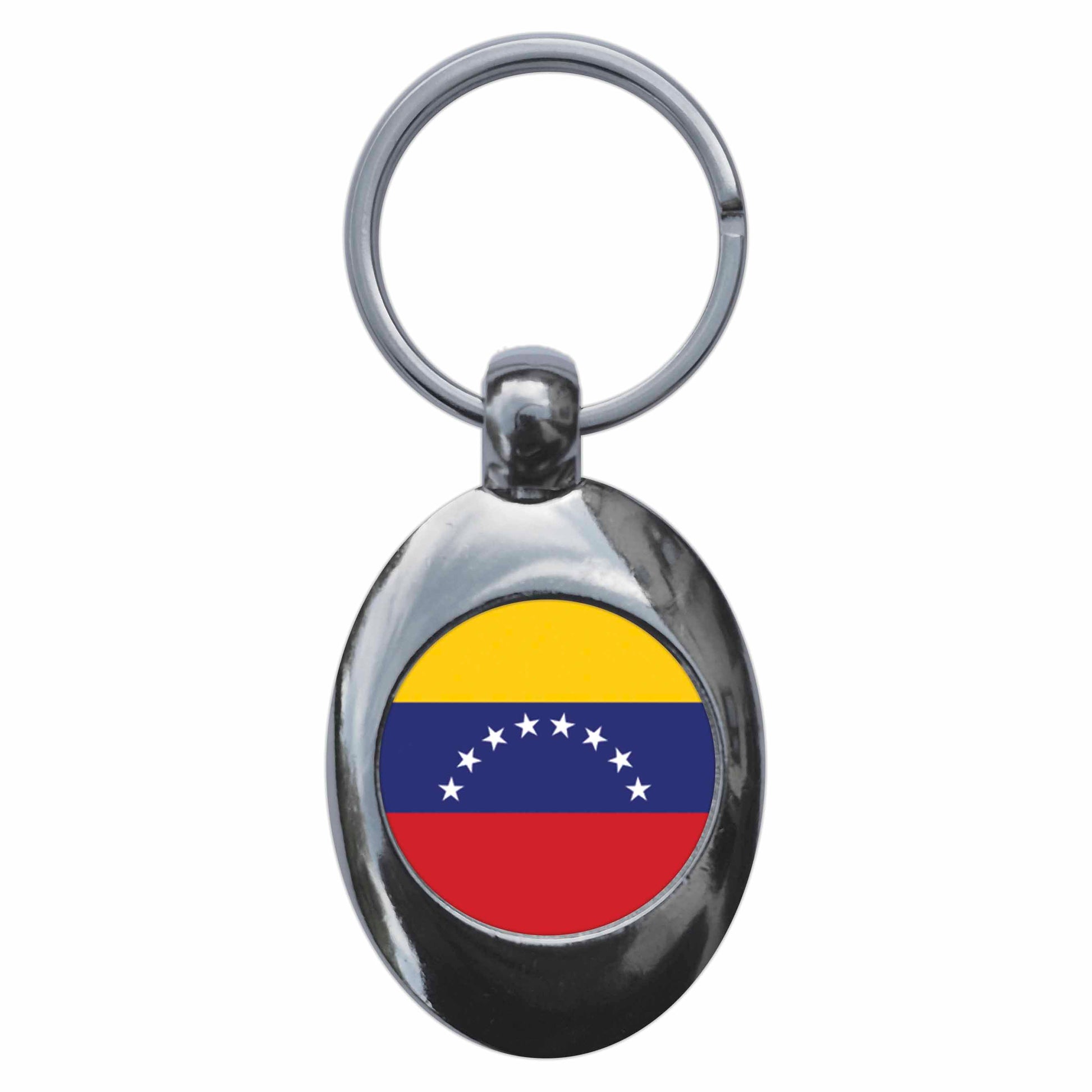 A picture of the front of the product, titled Venezuela Venezuelan National Flag Metal Keyring With Trolley Coin