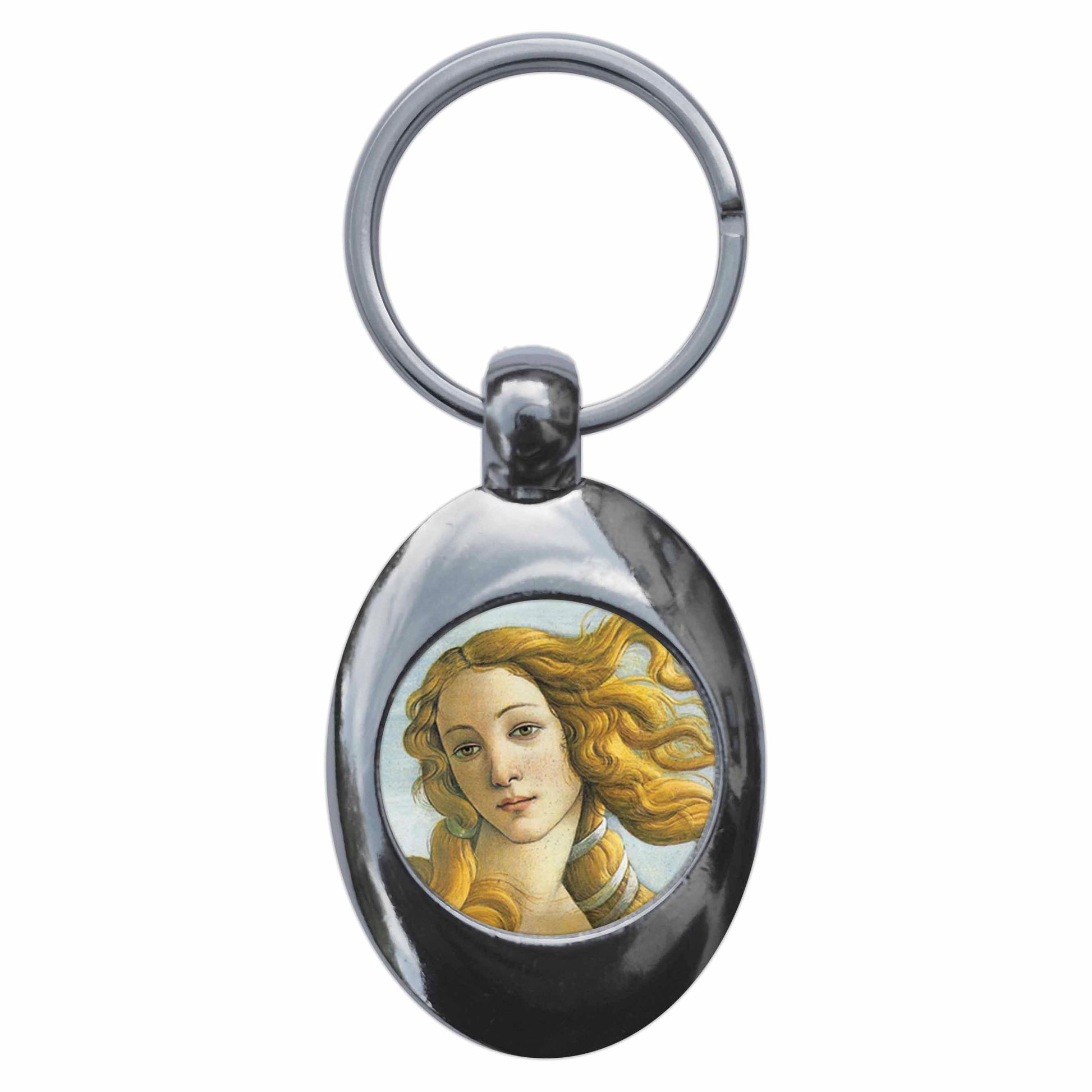 A picture of the front of the product, titled Birth Of Venus Sandro Botticelli Metal Keyring With Trolley Coin