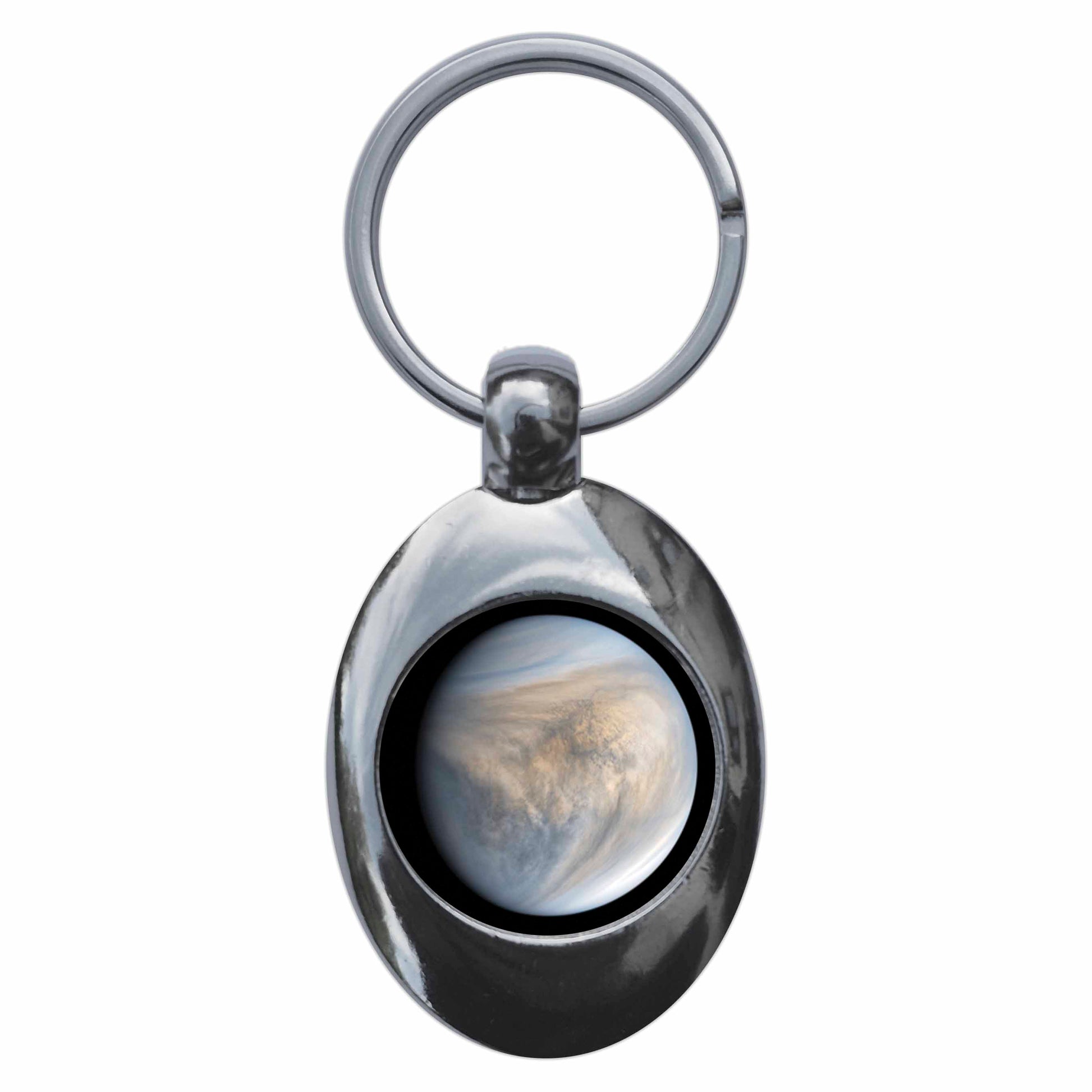 A picture of the front of the product, titled Planet Venus Metal Keyring With Trolley Coin