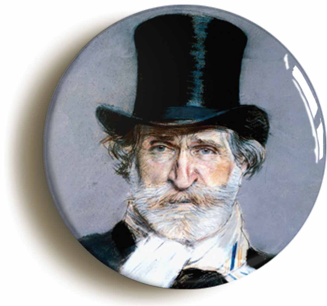 A picture of the front of the product, titled Giuseppe Verdi Classical Opera Button Pin Badge