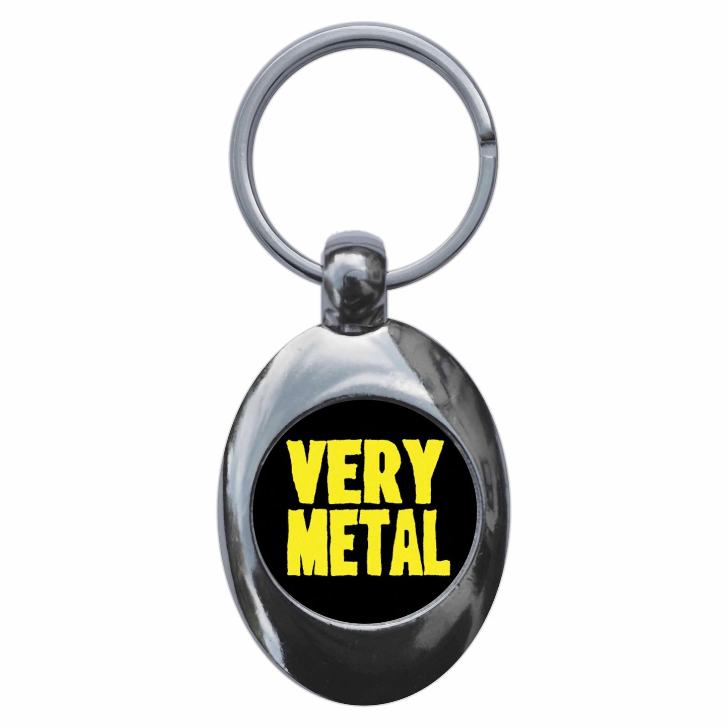 A picture of the front of the product, titled Very Metal Metal Keyring With Trolley Coin