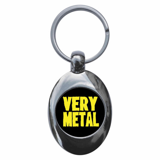 A picture of the front of the product, titled Very Metal Metal Keyring With Trolley Coin