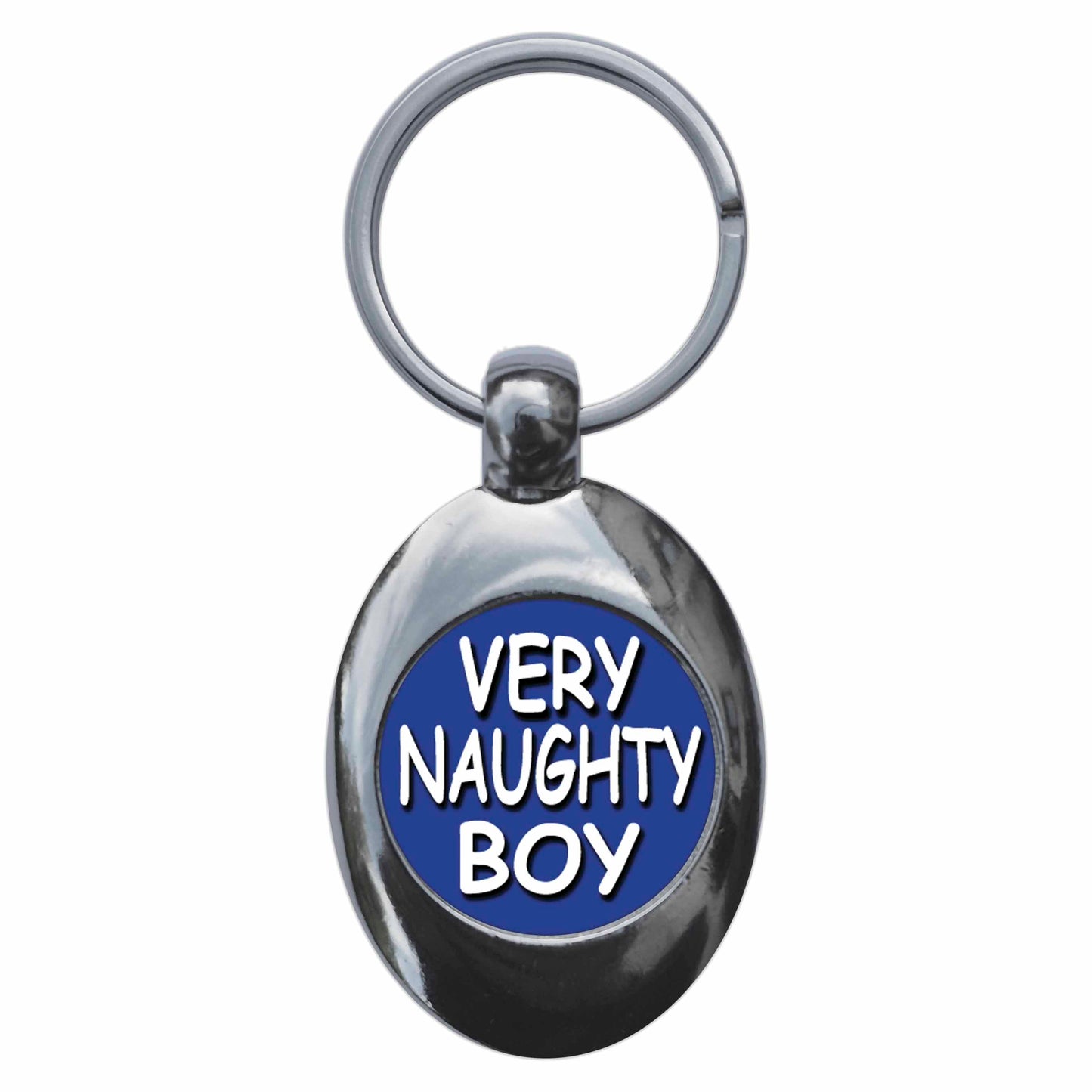 A picture of the front of the product, titled Very Naughty Boy Metal Keyring With Trolley Coin