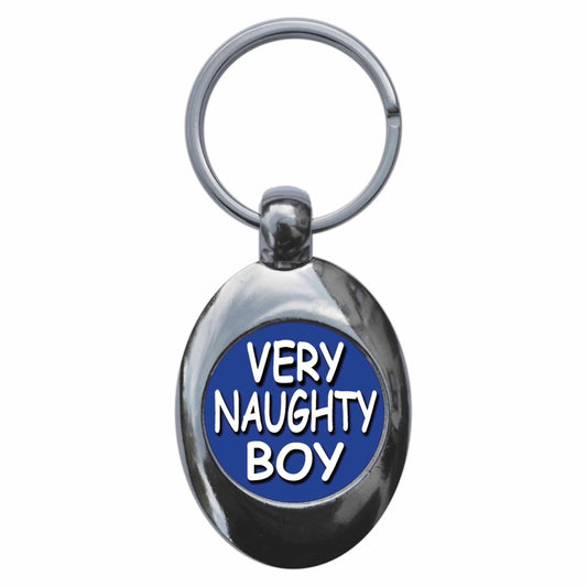 A picture of the front of the product, titled Very Naughty Boy Metal Keyring With Trolley Coin