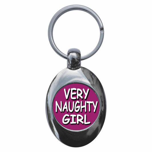 A picture of the front of the product, titled Very Naughty Girl Metal Keyring With Trolley Coin