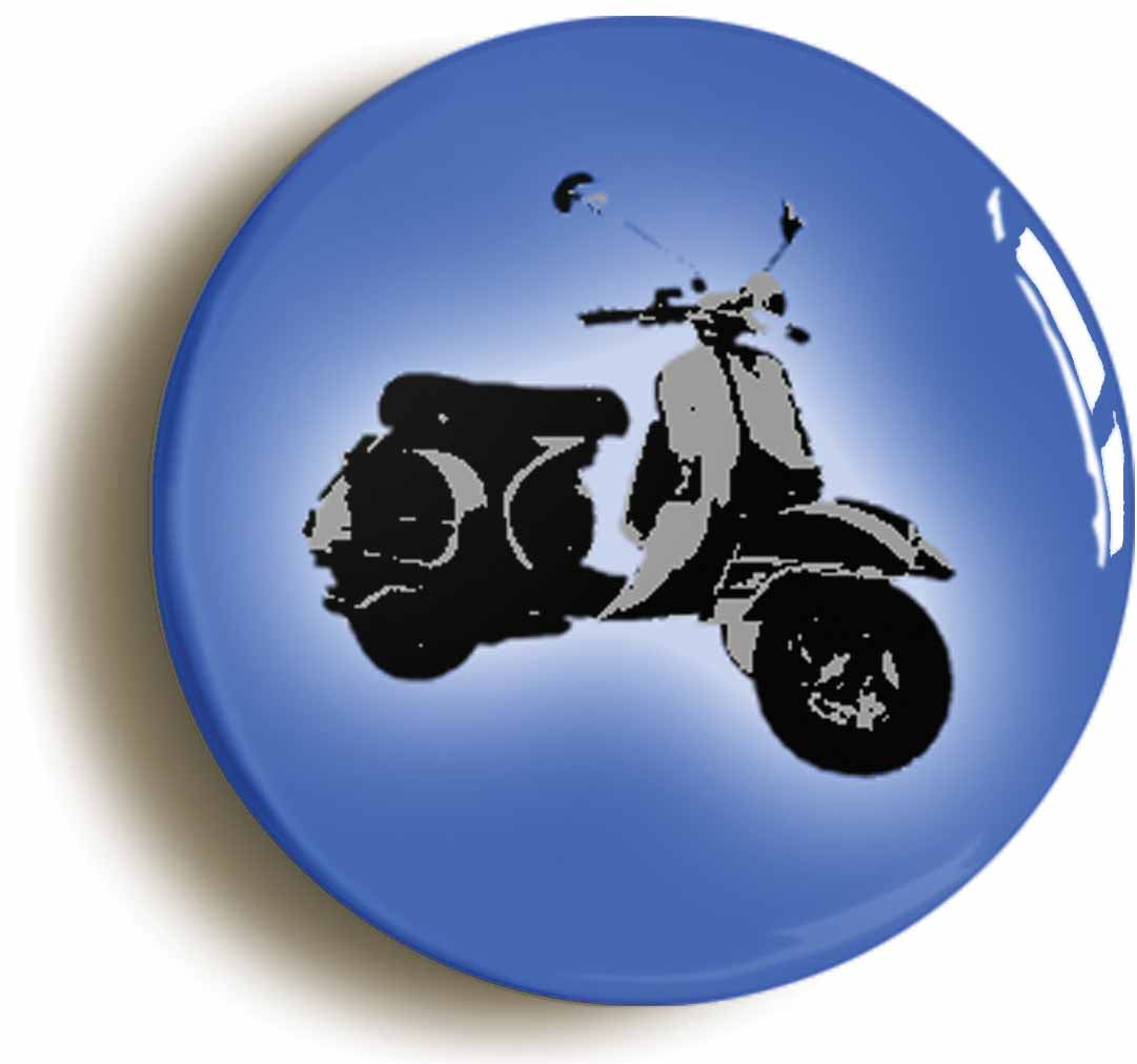 A picture of the front of the product, titled Mod Scooter Retro SixtiesIn Blue 1960s Button Pin Badge