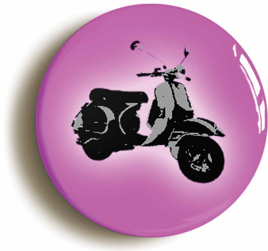 A picture of the front of the product, titled Pink Mod Scooter Retro Sixties Button Pin Badge