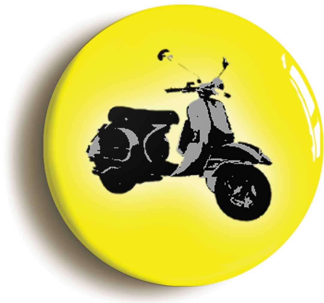 A picture of the front of the product, titled Yellow Mod Scooter Retro Sixties Button Pin Badge