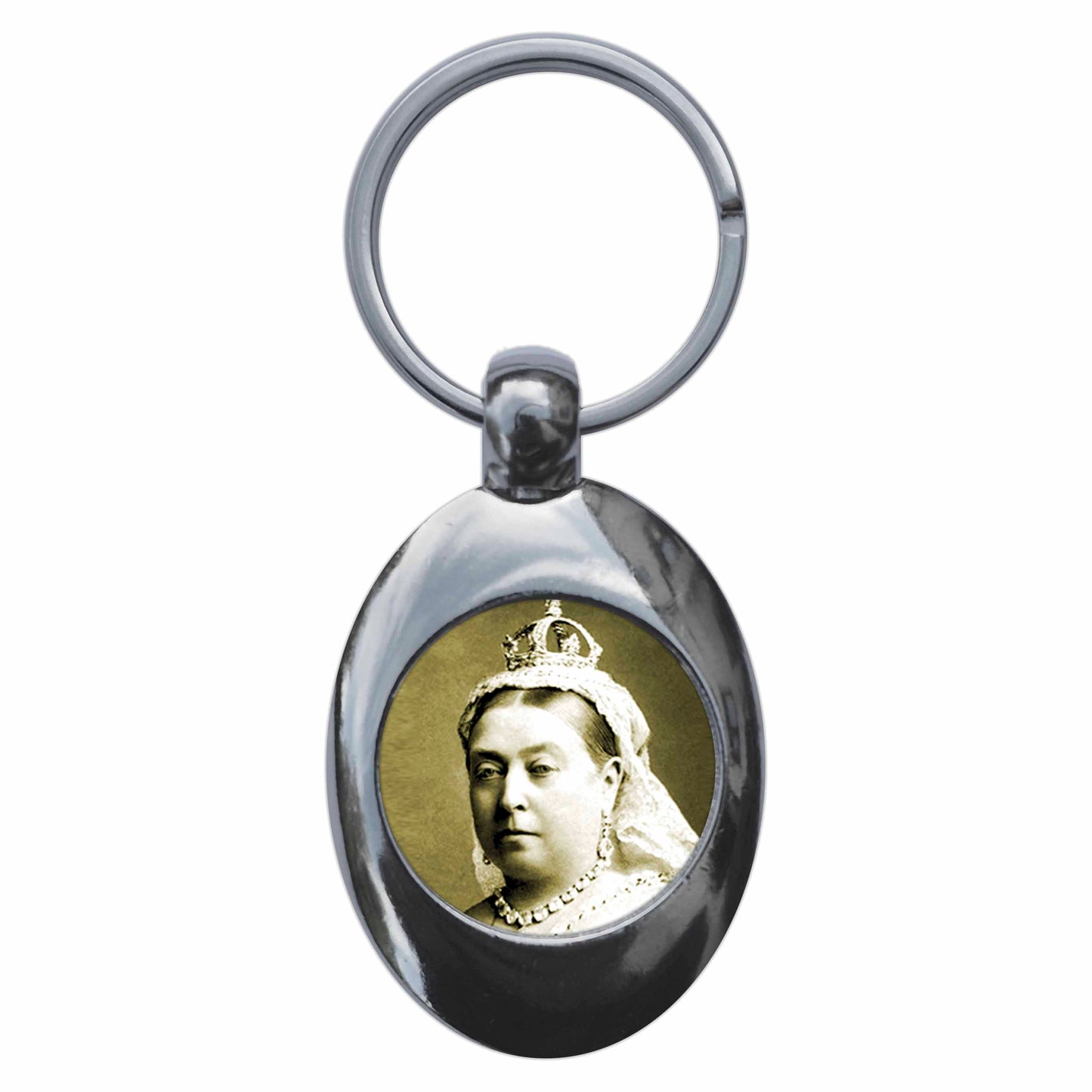 A picture of the front of the product, titled Queen Victoria Metal Keyring With Trolley Coin