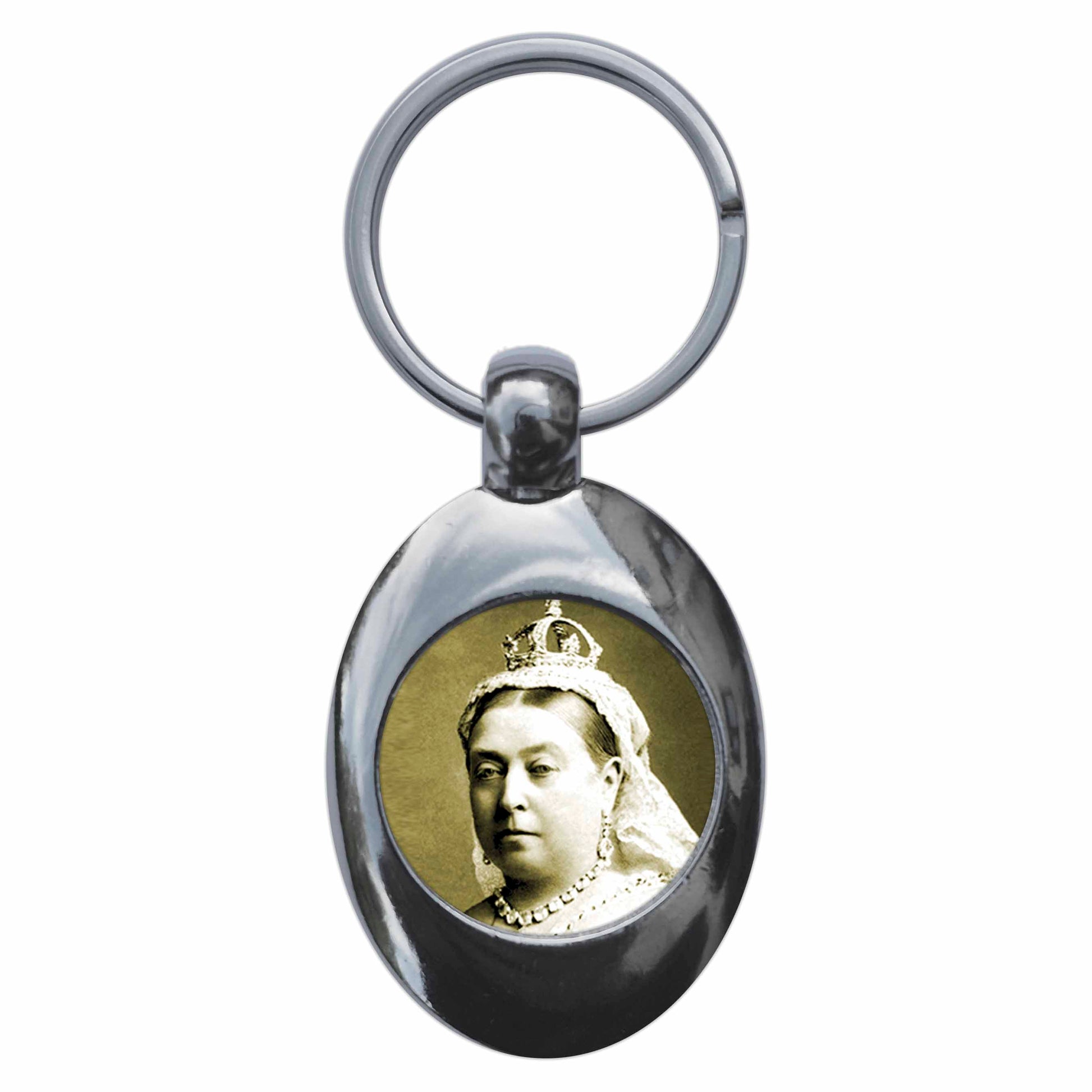 A picture of the front of the product, titled Queen Victoria Metal Keyring With Trolley Coin