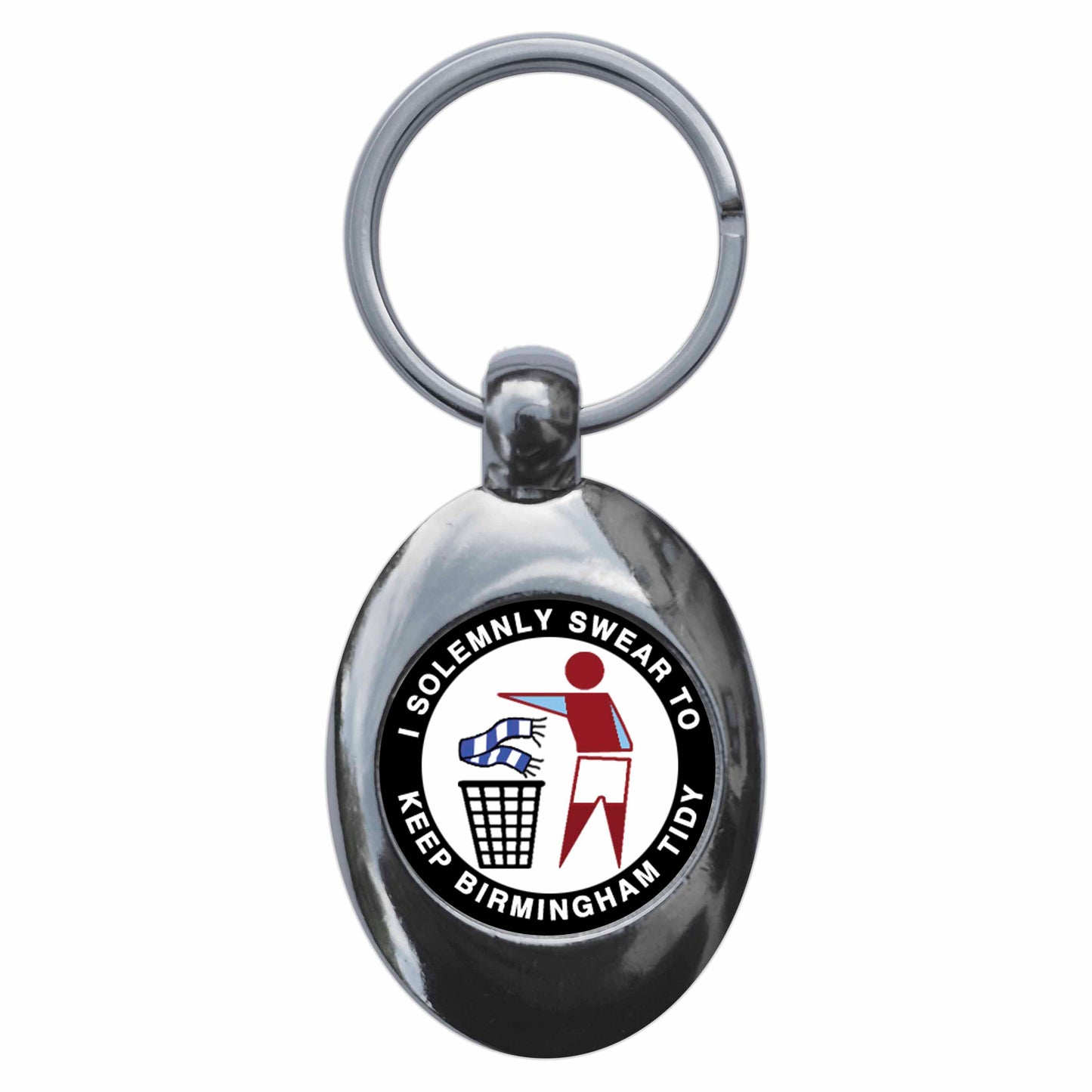 A picture of the front of the product, titled I Solemnly Swear To Keep Birmingham Tidy - V Metal Keyring With Trolley Coin