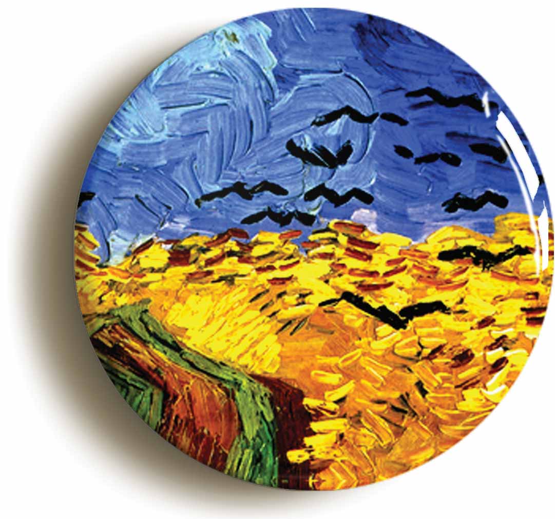 A picture of the front of the product, titled Vincent Van Gogh Wheatfield With Crows Circular 50mm Fridge Magnet