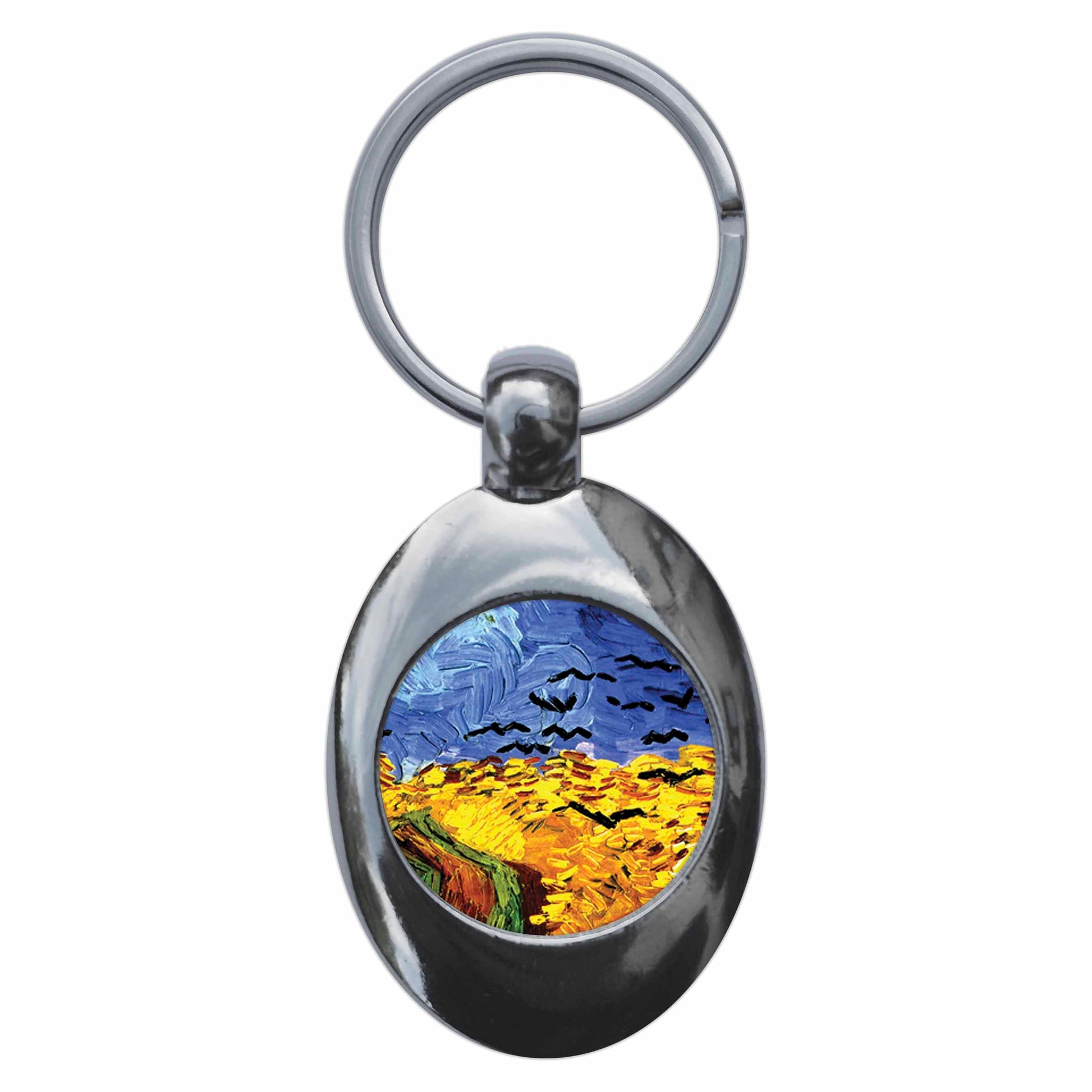 A picture of the front of the product, titled Vincent Van Gogh Wheatfield With Crows Metal Keyring With Trolley Coin