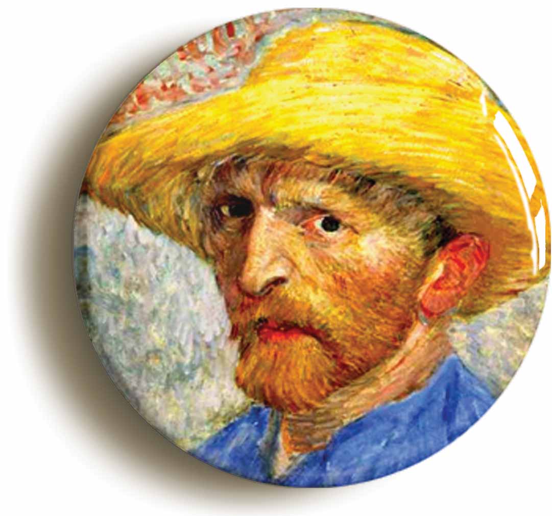 A picture of the front of the product, titled Vincent Van Gogh Straw Hat Self Portrait Button Pin Badge