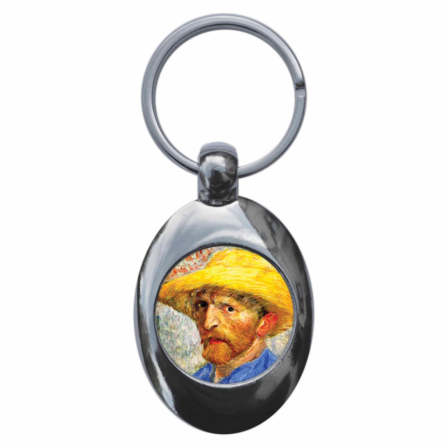 A picture of the front of the product, titled Vincent Van Gogh Straw Hat Self Portrait Metal Keyring With Trolley Coin