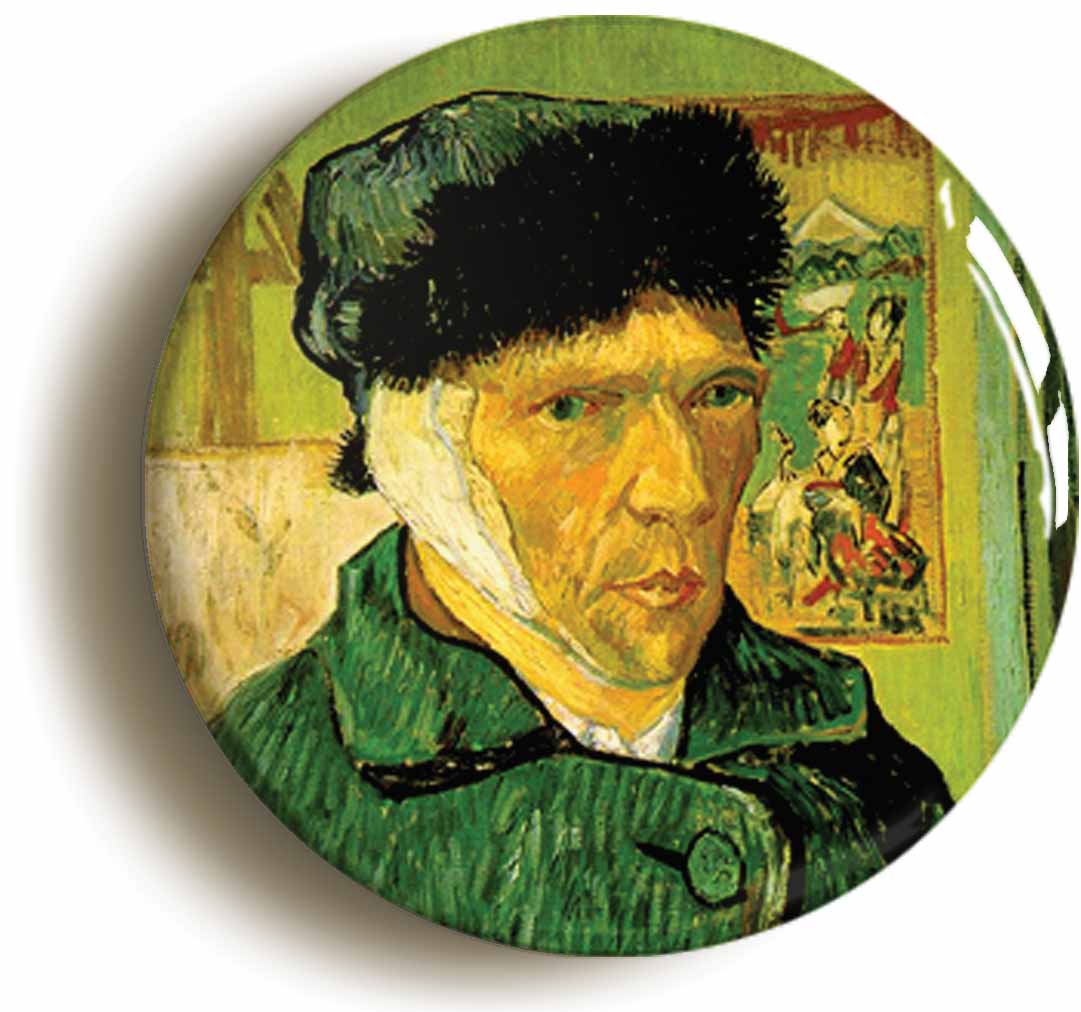 A picture of the front of the product, titled Vincent Van Gogh Ear Bandaged Self Portrait Circular 50mm Fridge Magnet