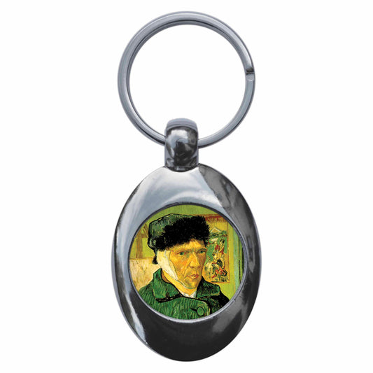A picture of the front of the product, titled Vincent Van Gogh Ear Bandaged Self Portrait Metal Keyring With Trolley Coin