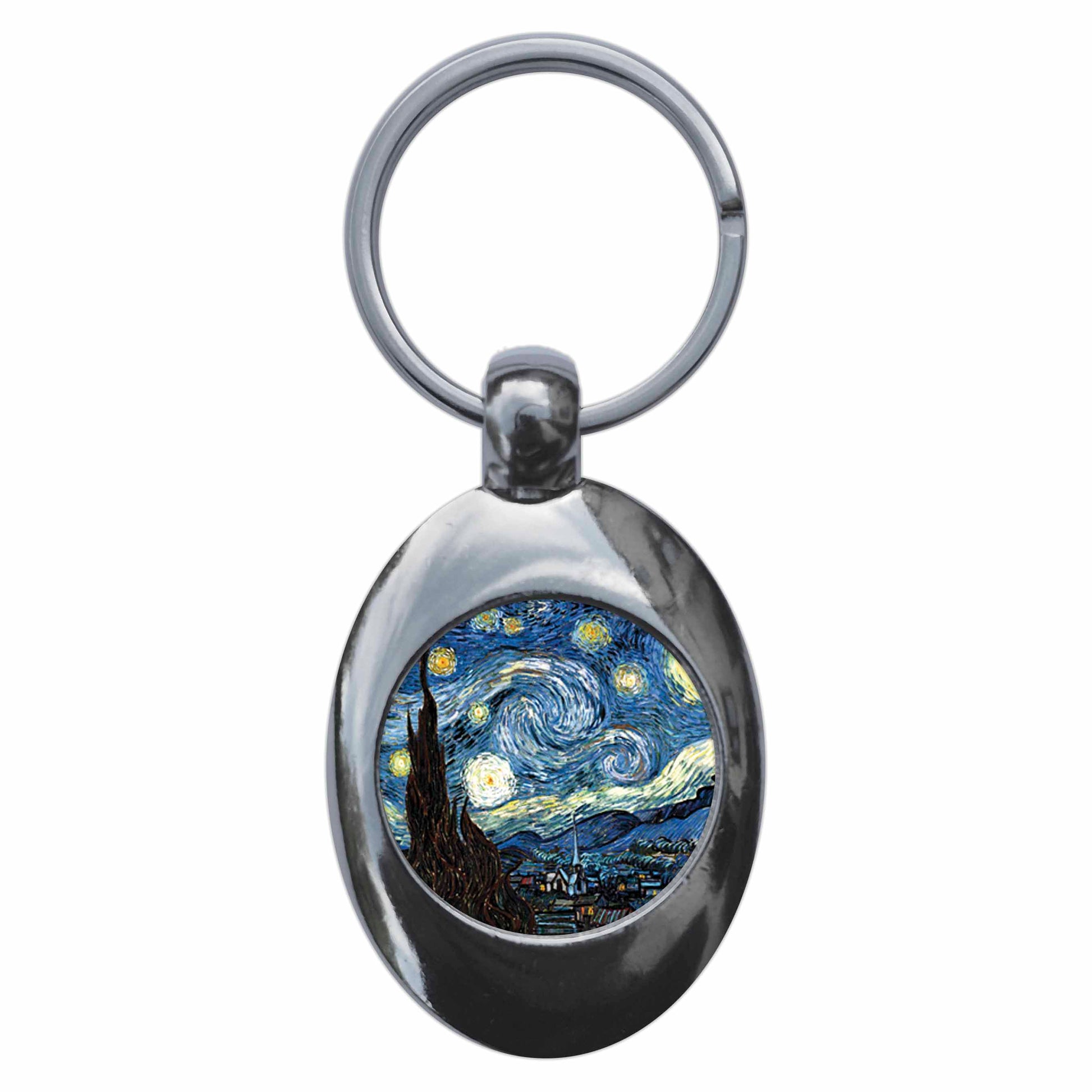 A picture of the front of the product, titled Vincent Van Gogh Starry Night Metal Keyring With Trolley Coin