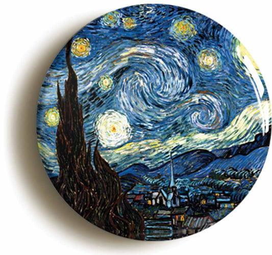 A picture of the front of the product, titled Vincent Van Gogh Starry Night Circular 50mm Fridge Magnet