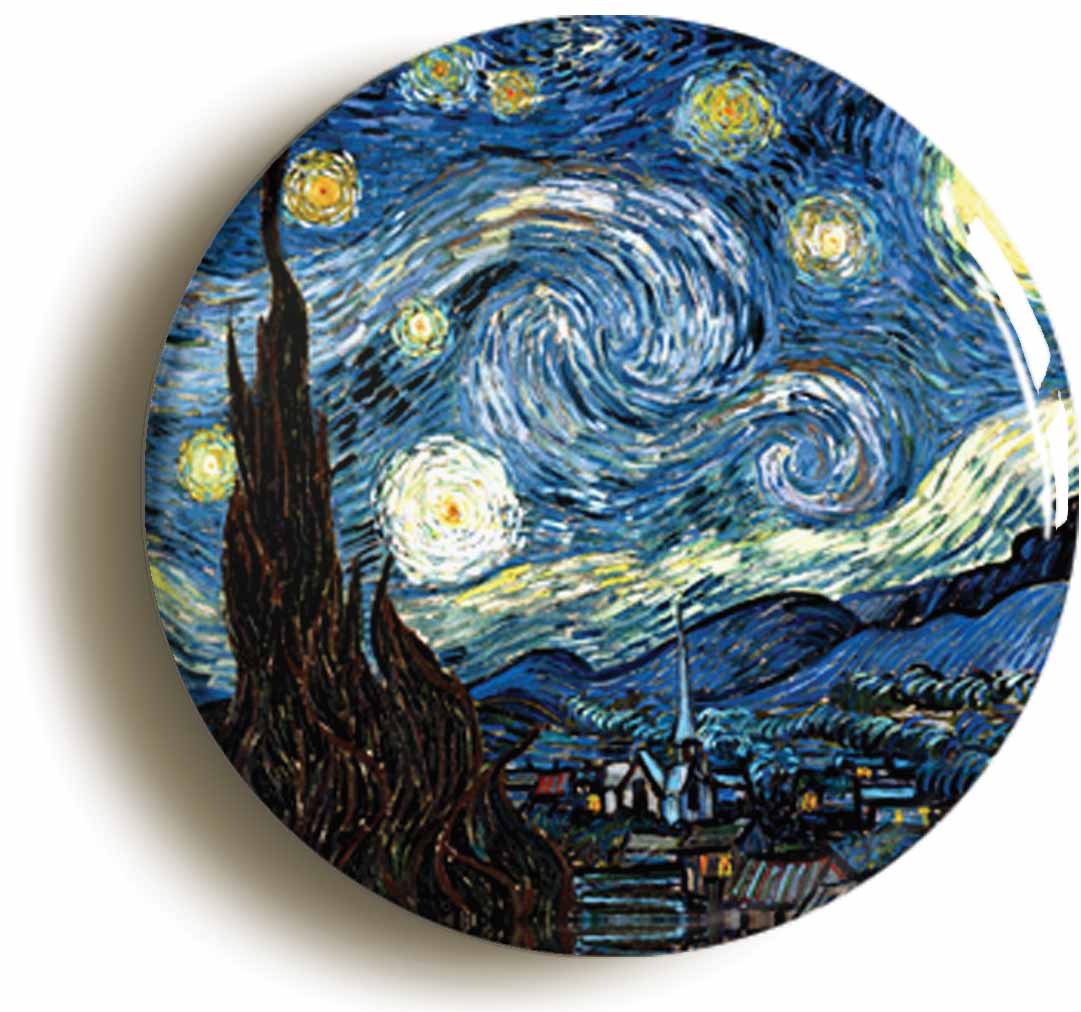 A picture of the front of the product, titled Vincent Van Gogh Starry Night Button Pin Badge