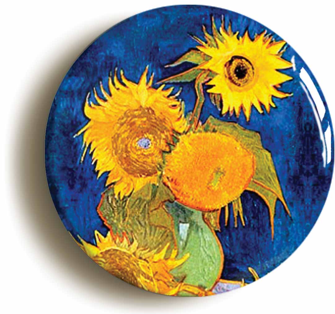 A picture of the front of the product, titled Vincent Van Gogh Sunflowers On Blue Circular 50mm Fridge Magnet